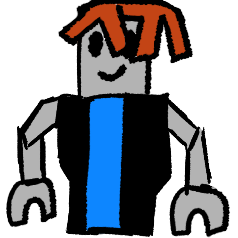 black outlines, a sort-of blocky person, waist and up with grey skin, a simple face with black eyes and smile and ginger hair in chunky strands wearing a black vest and blue shirt